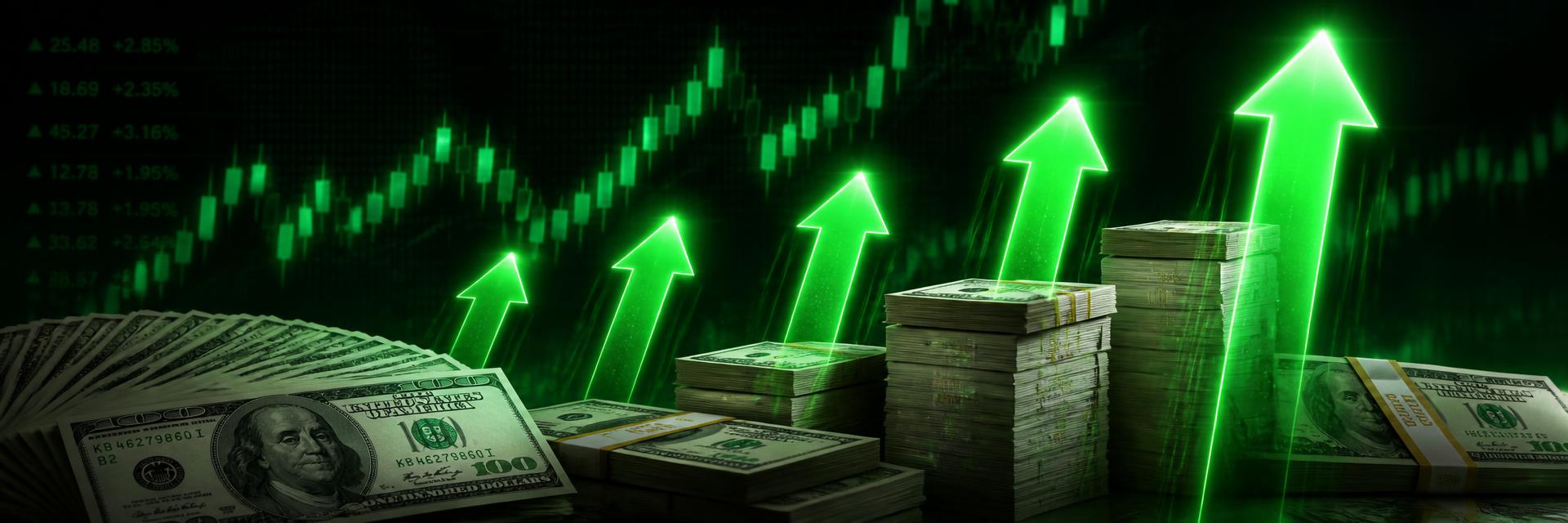 Green upward arrows rising above stacks of hundred dollar bills